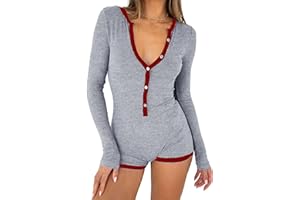 LACOZY Long Sleeve Rompers for Women V Neck Shorts Jumpsuit One Piece Bodysuit Y2k Pajamas Yoga Gym