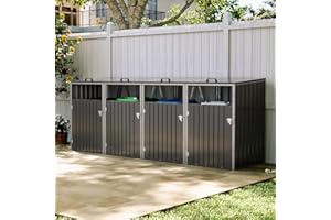 Warmiehomy Wheelie Bin Storage 4 Bin Storage for Wheelie Bins Galvanized Steel Outdoor Garbage Can Store with Locking Door Quadruple Wheeled Bins Hideaways with Lifting Lids,Charcoal Black