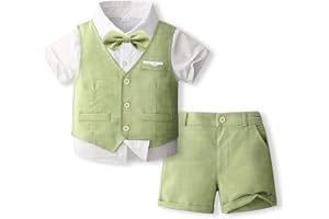 Volunboy Completo Elegante Bambino Camicie + Papillon + Gilet + Pantaloncini, Estivi Cerimonia Nozze Abbigliamento 4 Pezzi