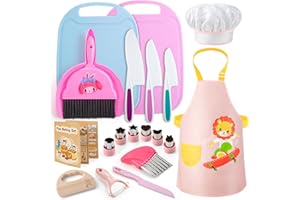 Juboury Kindermesser 20-Teiliges Kinder Schneideset, Montessori Messer, Kinder Schneidemesser, für Echtes Kochen mit Holzmesser, Schneidebrett, Kochschürze, Geburtstagsgeschenk für Kinder ab 3 Jahren