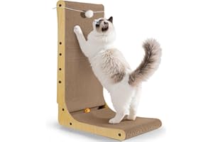 Gimars Griffoir Chat Carton en Forme de L 68cm, Épais avec Boules en Peluche et à Grelot, Grande Taille à Fixer au Mur, Jouet pour Protéger Meubles