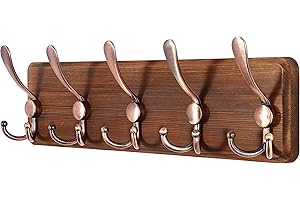 SKOLOO Garderobenleiste Holz, Vintage, Stabile Kleiderhaken Wand mit 5 Dreifachhaken, zum Aufhängen von Kleidung, Mantel, Hüten, Jacken, Rucksack, Hakenleiste Holz Antiker auf Braun