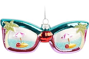 ‎BRUBAKER BRUBAKER Sonnenbrille Urlaub Blau & Pink mit Insel Palmen Weihnachtskugel aus Glas Handbemalt - Christbaumschmuck Lustig - Christbaumkugel Figuren Weihnachtsdeko Anhänger - Deko Baumkugel