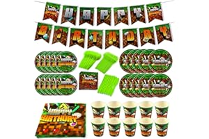 Minecraft Kit De Décoration De Fête d'Anniversaire Minecraft, Décorations d'Anniversaire Thème Joueur Mineur,Bannières d'Anniversaire, Gobelets En Carton, Assiettes De Fourchettes, Mouchoirs, Nappes