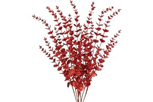 HOLLYONE 8PCS Christmas Eucalytus Leaves Glitter Eucalytus Stems, 65CM Red Artificial Christmas Tree Decorations, Fake Foliages Xmas Ornaments for Wedding, Party, Flower Arrangement, Wreath, Garland Decor