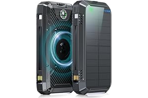 TOGAGA 46800mah Solar Powerbank, Wireless Power Bank Schnelles QC 22.5 & USB C PD 20W, Wasserdichtes Solarladegerät Akkupack mit 2 Kabeln, Taschenlampe, Kompass, für Handy Tablets Camping Outdoor