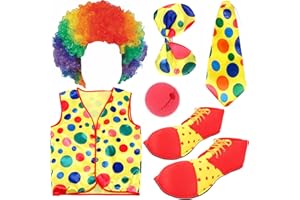 Poluka 6Pcs/Set Clown Costume Supplies-Clown Shoes Vest Red Nose Rainbow Clown Wig Neck Tie for Adult Halloween/Christmas Fancy Dress Up Accessories Circus Props Carnival Cosplay Party Favors