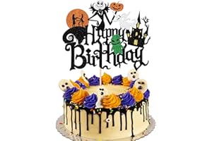Xsstarmi 1 Pack Halloween Happy Birthday Cake Topper Halloween Party Cake Decoration Jack and Sally Ghost House Pumpkin Bat Witch Cake Pick for Halloween Theme Baby Shower Birthday Party Decorations