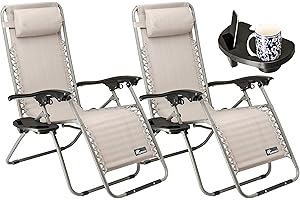SUNMER Set of 2 Sun Lounger Garden Chairs With Cup And Phone Holder - Deck Folding Recliner Zero Gravity Outdoor Chair - Grey/Grey