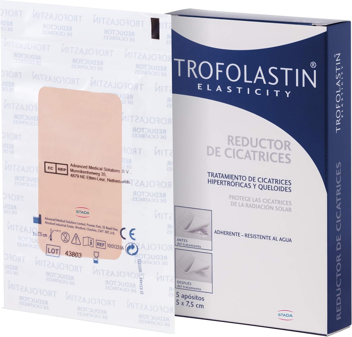 Trofolastin, Reductor de Cicatrices, Apósitos Adhesivos para Cicatrices Hipertróficas y Queloides, Quemaduras y Cortes, Tamaño 5x7,5cm, 5 Unidades