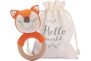 Youuys Giocattolo Sonaglio Neonati in Legno, Con Suono, Massaggiagengive All'uncinetto, Giochini Dentizione Neonati, Animali Morbidi Giocattoli, Regalo per Neonati Bambini (Volpe)