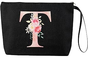 Blisswave Trousse de Toilette Femme, Trousse Maquillage Personnalisée avec Nom De a à z, Fermeture Éclair en Métal de Haute Qualité, Design Imprimé Exquis, Doublé, Cadeaux Personnalisés (Noir)