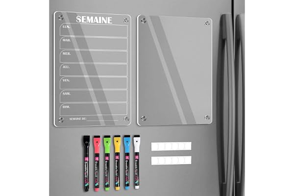 BIROYAL Lot de 2 Calendrier Magnetique Frigo(Avec Marqueurs 6 couleurs) - Acrylique Tableau Magnetique Frigo - Planning Semaine - 30x20 cm - Planificateur Hebdomadaire - Tableau Organisation Famille