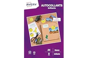 AVERY - 8 Étiquettes Brillante Autocollantes Personnalisables - Format 289,1 x 199,6 mm - Qualité Photo - Compatible Machine de Découpe - Impression Jet d’Encre