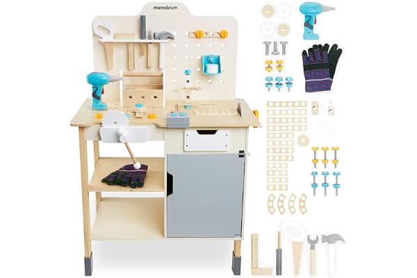 mamabrum, Grand Atelier Bois avec Outils XXL - kit, 74 éléments, Table de Travail, établi perceuse Enfants à partir de 2 Ans établi Enfants