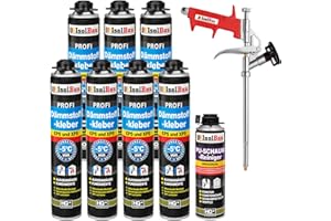 Isolbau B2 Dämmstoffkleber SET - 7 x 750 ml Perimeterkleber, 1 x PU-Schaum-Reiniger & 1x Schaumpistole für EPS & XPS-Platten - 1K PU-Klebeschaum für Fixieren und Isolieren