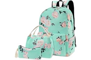 Flowers Backpack Kids School Bag 3-in-1 Bookbag Set, Junlion Rose Laptop Backpack Lunch Bag Pencil Case Gift for Teen Girls Womens Green