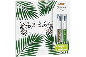 BIC Velours Kit - BIC 4 Couleurs Stylos-Bille (x2) Jungle et Léopard/1 Carnet de Notes A5 Blanc, Coffret Cadeau de 3