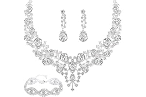 Yolev Bride Jewelry Set - Silver Crystal Rhinestone Wedding Necklace, Bracelet, Earrings for Bridesmaids Prom - Women and Girls