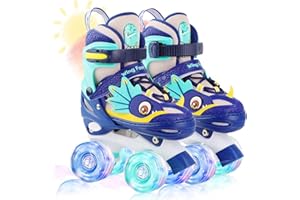 WESKIFAN Dinosaure Patins à roulettes Enfant Roller Quad Roues Garçons Filles Taille Réglable Ajustable avec 4 Roues Lumineuses pour Débutants Cadeau Noël d'anniversaire