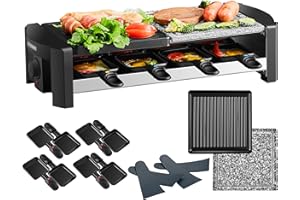‎STEINBORG Raclette Gerät für 8 Personen | Party Grill mit Massiver Naturstein- und Beschichteter Grillplatte | Elektro Tischgrill | 1300 Watt | Heizelement aus Edelstahl