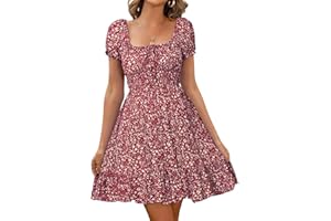 Livonmone Womens Summer Casual Sweetheart Neckline Puff Sleeve Floral Print High Waist Dress Boho Beach Mini Short Dresses