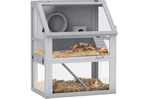 PawHut Wooden Hamster Cage, 3 Tier Gerbil Cage with Detachable 32cm Deep Bottom, Hut, Seesaw, Exercise Wheel, Ramps, Light Grey
