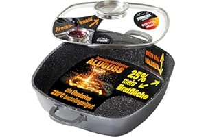 STONELINE Casseruola Quadrata 28 cm, Tegame 2 Manici Coperchio Salva-Aroma Alluminio Pressofuso, Rivestimento Antiaderente con Vere Particelle di Pietra, A Induzione Forno Tutti i Piani, Grigio