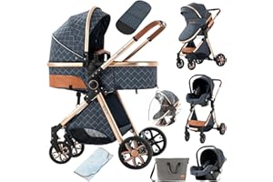 Suttonbebe Carrito Bebe 3 en 1, Carro Bebe 3 Piezas Empuje Bidireccional Reversible, Carro Bebe Marco de Aleación de Aluminio, Cochecito Bebe 3 Piezas Alto Paisaje Recién Nacidos (V9 Blue)
