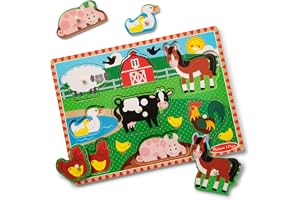 Melissa & Doug Farm Peg Puzzle – 8-Piece Wooden Peg Puzzle Featuring Farm Animals with Pictures Beneath, Easy-Grasp Pegs, Promotes Fine Motor Skills & Problem Solving for Kids Ages 2+