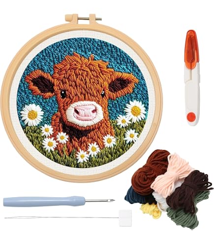 Punch Needle Kit For Adults - Cartoon Highland Cow With Daisy Flower DIY Embroidery Set, Includes Printed Cloth, Threads, Needle, Frame & Instructions