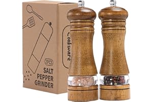 Mikinya Molinillo de sal y pimienta de madera con ventana acrílica, molinillo de pimienta de madera, mecanismo de molienda de cerámica ajustable, recargable para varias especias (6.5 pulgadas, paquete