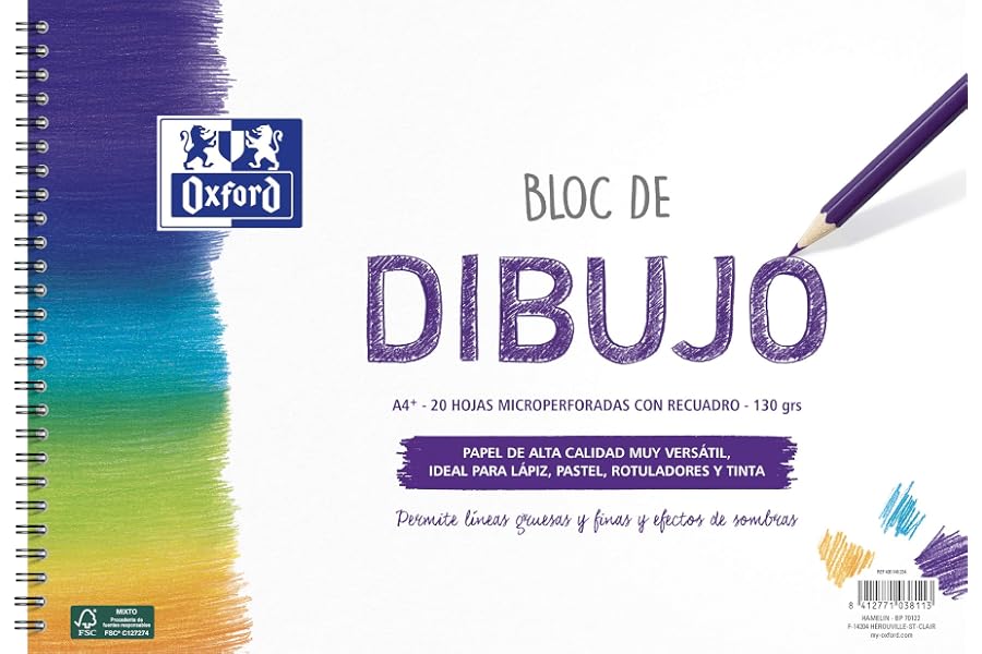Oxford, Bloc Dibujo A4 Espiral. Tapa Blanda, Contratapa Rígida, 20 Hojas. Papel 130 gr con Recuadro.