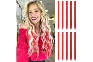 FESHFEN Colores Extensiones Pelo Clip, Rojo Extensión de Cabello con Clip Colorido Largo para Mujeres Sintético Postizos Color Cosplay Fiesta Disfraces, 10 PCS 55 cm