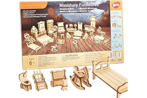 BOHS Dockhusmöbler i Trä, 34 Byggsatser i Skala 1:24 | Laserskurna delar med numrerade 2D- och 3D-guider; bygg, måla och dekorera miniatyrmöbler för kreativa dockhus