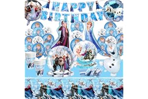 JunMallko 65 Pezzi Stoviglie per Feste Frozen, Frozen Decorazioni Stoviglie per Feste Set Includono Striscioni, Piatti di Carta, Bicchieri di Carta, Tovaglioli, Tovaglie, Palloncini - 10 Porzioni