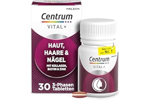 ‎CENTRUM Centrum Vital+ Haut, Haare & Nägel, Hochwertiger Nährstoffkomplex für Schönheit von Innen2 & Zellregeneration3, mit marinem Kollagen, Hyaluronsäure, Biotin, Zink, Vitamin C, 30 Tabletten
