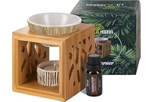 La Madera Bamboo Wooden Oil Burner Wax Melt Burner Oil Diffuser with Ceramic Candle Holder and 10 ml Bottle of 100% Pure Sandalwood Oil (Archaistic)