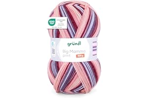 Gründl Big Mamma Print XXL Pelote de laine à tricoter 100 % polyacrylique douce et agréable pour la peau - 400 g/1040 m - Taille des aiguilles 3,5-4,5 - Saumon cerise mauve bleu clair