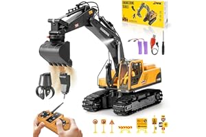 Charmofun Escavatore Radiocomandato 3-in-1, Giocattolo RC con 3 Teste in Metallo, Cabina Rotante 680° con Luci e Musica, Regalo per Bambini 3-12 Anni