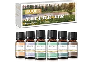 EUQEE Juego de Aceites Esenciales para Humidificador, Nature Air - Brisa Marina, Pino Forestal, Bambú y Teca, Madera de Cedro, Sándalo, Fresia - 6 x 10 ml Aceites Aromáticos