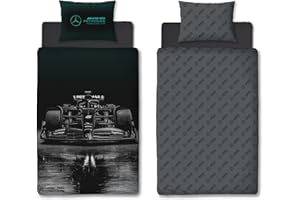 Character World Oficjalny zestaw poszewek na kołdrę Mercedes AMG Petronas, wzór Stealth, czarna, dwustronna, formuła, 1, oficjalny produkt, w tym pasująca poszewka na poduszkę