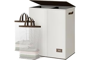 SOLEDI 145L Wäschekorb, Wäschesammler 2 fächer mit Deckel und 2 Wäschesack - Wäschesortierer Groß XXXL Für Badezimmer, Schlafzimmer, Wäschekammer, Kinderzimmer - 2 x 72.5L Beige+Braun