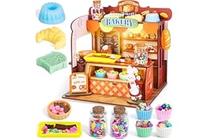 Thedttoy Wooden Dolls House,Craft Kits for Kids with LED Light,Miniature House,DIY Squishy Bread,Baking Role Playing Game,Creative Gift for Girl Age 6+(Bakery)