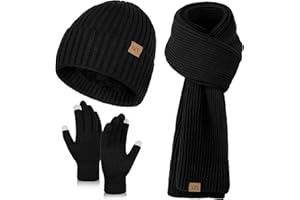 VZV Wintermütze, Schal, Handschuhe-Set: Warme Strickmütze, Touchscreen-Handschuhe, Langer Strickschal, Wintergeschenke für Herren, 3-teiliges