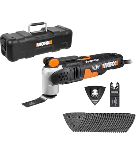 WORX WX681 Sonicrafter F50 Multifunktionswerkzeug 450w – zum Schneiden, Polieren, Schleifen uvm. – Multitools inkl. Adapter für Universalzubehör, 35mm Sägeblatt & 80mm HSS Sägeblatt halbrund
