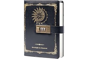 TIEFOSSI Constellation Journal en cuir avec serrure, journal intime du zodiaque lune soleil pour l'écriture, carnet B6 avec papier ligné pour homme et femme (Noir)