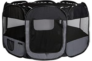 lionto Welpenauslauf faltbar aus Oxfordgewebe & atmungsaktivem Netzstoff, Ø 110cm, Höhe 64 cm, Laufstall für innen & außen mit 2 Eingängen, Pop-up-System, inkl. Tragetasche & Heringe, schwarz/grau