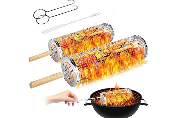 Flintronic 2024 x ny 2 st rullande grillkorg, rostfritt stål trådnät cylindergrillställ, bärbar utomhuscamping grillkorg för grönsaker, fisk, rund grill matlagningstillbehör