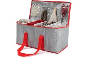 Christmas Village Red Durable Storage Bag for Lights Baubles Tinsel Wrapping Paper Bows Wreath Artificial Decorations Xmas Organiser with Divider & Handles